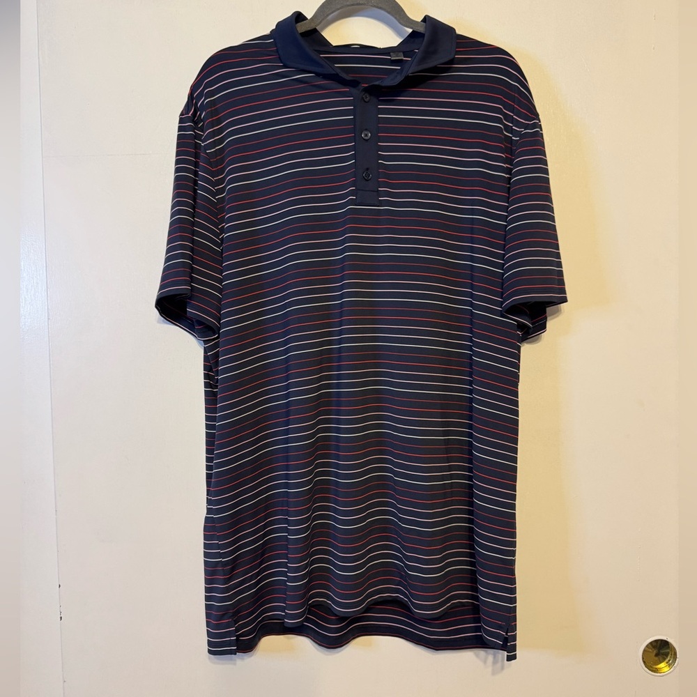 G/FORE Men's Navy Polo with Pink and Red Stripes